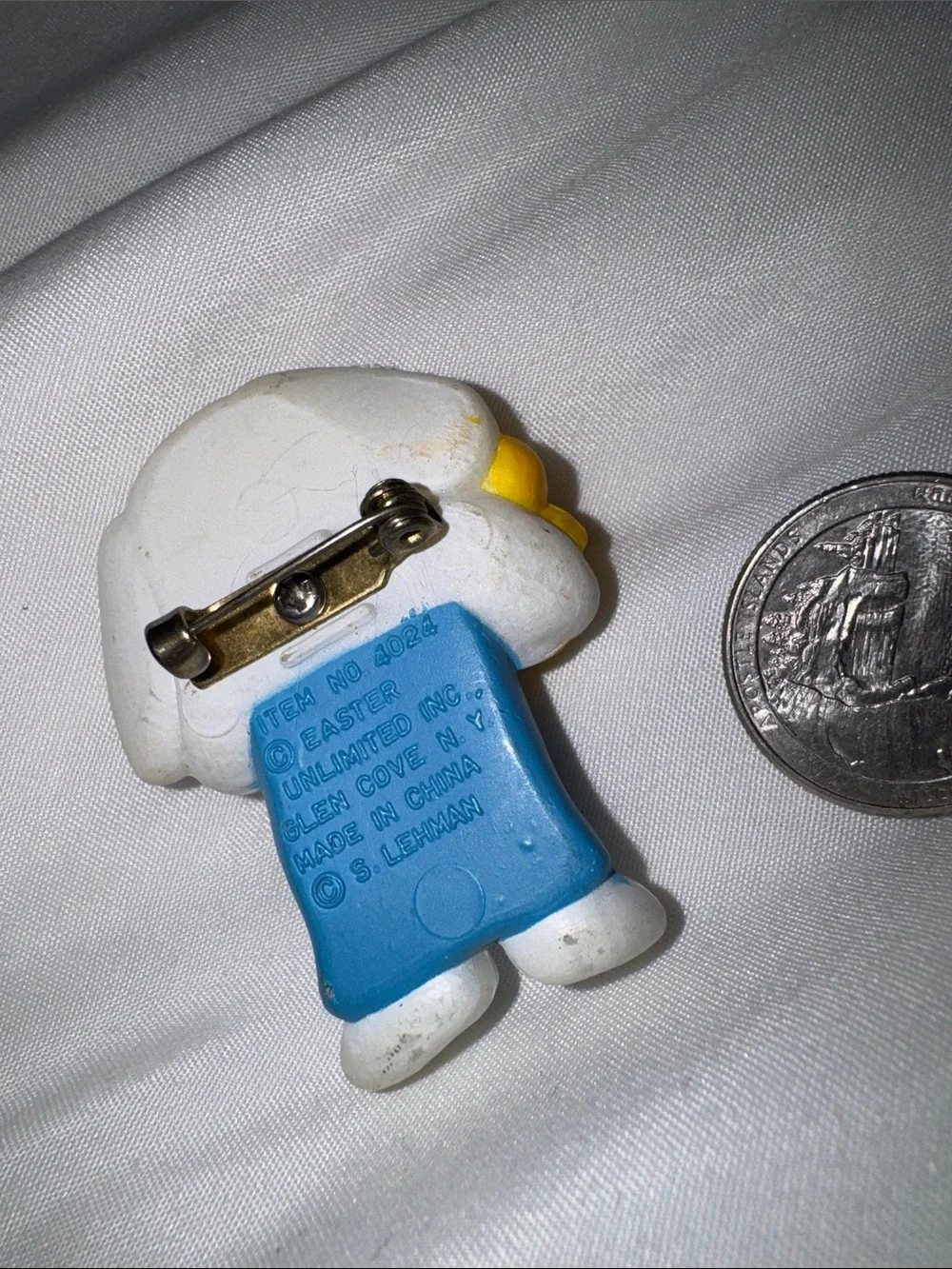 White Bunny Pin with Blue Overalls and Yellow Chicks -